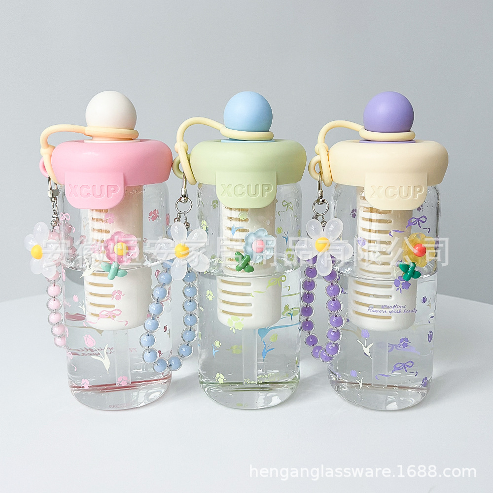高颜值新款手链杯花朵杯带盖玻璃杯大容量吸管杯花茶杯女生水杯