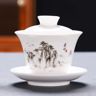 高档陶瓷三才大号茶碗大容量可悬停羊脂玉白瓷盖碗家用客厅泡茶杯