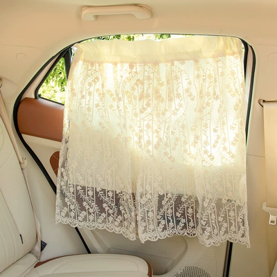 New Embroidered Summer Car Sunshade Curtain Suction Type Side Window Sun Protection Heat Insulation Curtain Women's Car Fresh Curtain (Car curtains) - lace-knitted-fresh-a-beige-double-double-open