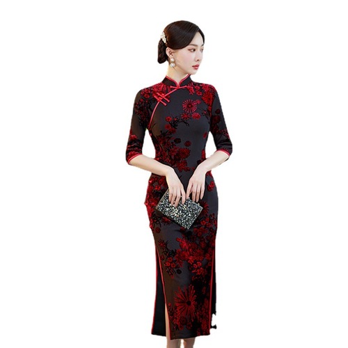 Green wine flowers velvet chinese dress qipao Old Shanghai national wind restoring ancient ways elderly ladies seven long sleeve cheongsam banquet cheongsam