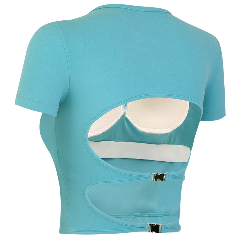 Cross-Border Sexy Beautiful Back Fitness Clothing Short-Sleeved Women's Summer Quick-Drying Running Yoga Top Sweat-Absorbent Sports T-Shirt with Chest Pad