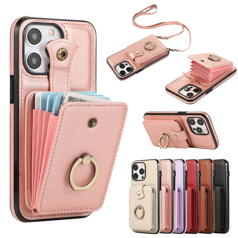 Foreign Trade Suitable Iphone17Pro Ring Holder Accordion Card Holder Samsung S25U Crossbody Wallet Card-Inserting Phone Case