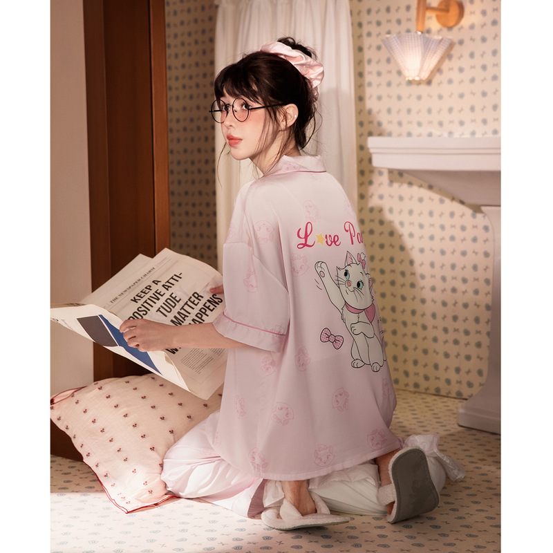 Run Ma [Cool Sense] Joint Mary Cat Pajamas Women's Three-Piece Short-Sleeved Pants Ice and Snow Silk Home Clothes for Summer