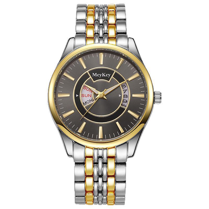 McyKcy transfronterizo nuevo reloj de cuarzo doble calendario de aleación de acero reloj de negocios impermeable venta directa de fábrica plata al por mayor