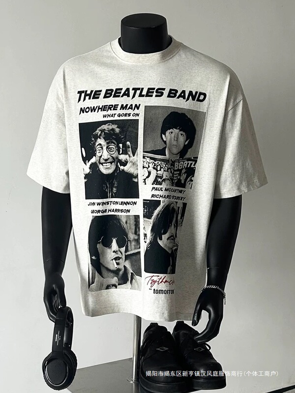 The Beatles Vine Portrait Print Short-Sleeve American High Street Cleanfit Heavy-Duty 320g Slogan T-Shirt The Beatles Vine Portrait Print Short-Sleeve American High Street Cleanfit Heavy-Duty 320g Slogan T-Shirt