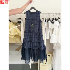 A3I网纱拼接无袖连衣裙女夏季新款复古宽松荷叶边格纹背心长