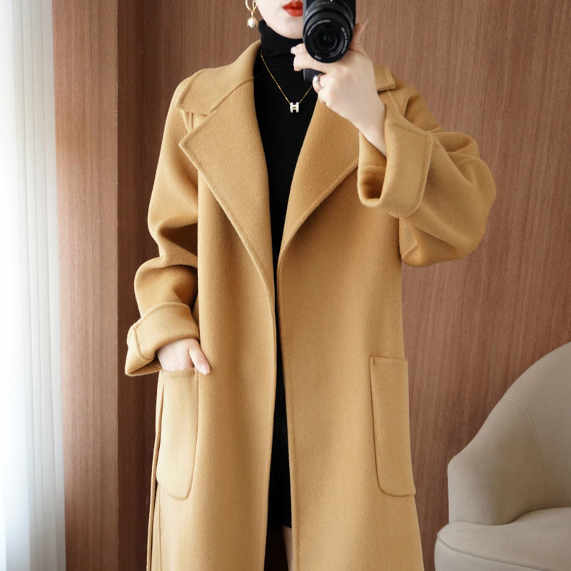100%纯羊毛双面呢羊绒大衣女冬中长款宽松时尚加厚女士羊毛呢外套|undefined