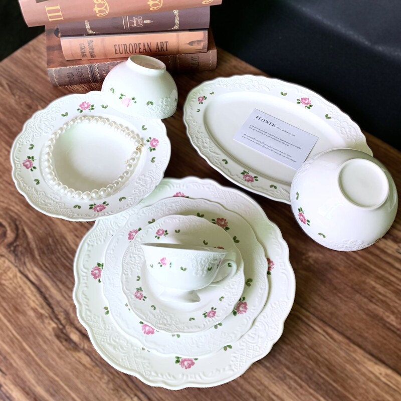 French Retro Embossed Rose Ceramic Plate Dessert Western Food Plate Dish Bowl Tableware Set Household Plate French Retro Embossed Rose Ceramic Plate Dessert Western Food Plate Dish Bowl Tableware Set Household Plate