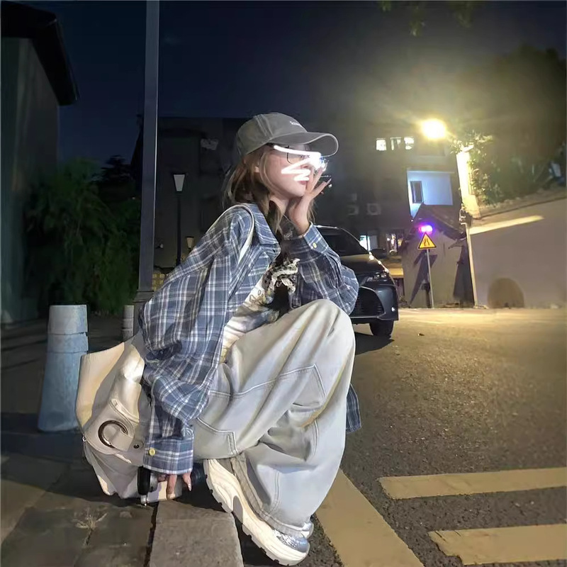 French gentle style blue plaid long sleeve shirt 2024 spring and autumn new small shirt top sun protection shirt coat