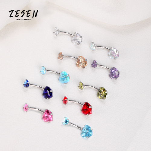 Cross-border hot selling new color zircon navel ring stainless steel double-ended heart-shaped diamond navel nail body piercing breast nail