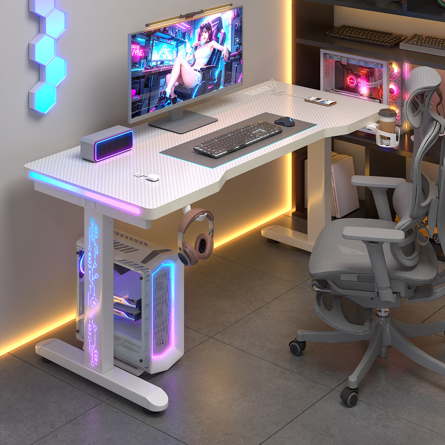 New Cool Gaming Desk Desktop Home E-Sports Table High-End Simple Computer Desk Office Desk Steel and Wood with Ambient Lighting