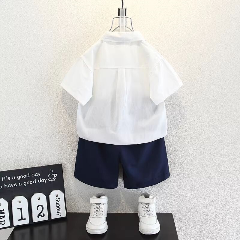 Summer Children's Tie Short-Sleeve Shirt Boys' Academy Style Shirt 2026 Unisex Thin Stylish White Top for Babies