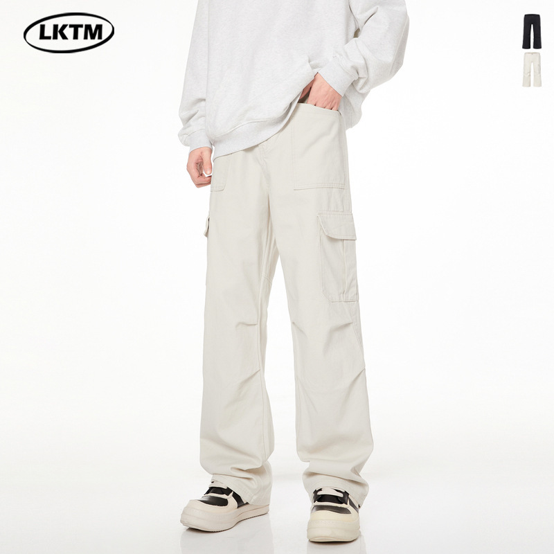 LKTM Men's# American-style High Street creamy-white Paratroopers Cute Pants Men's Fashion Brand Loose Hanging Big Pocket Casual Pants