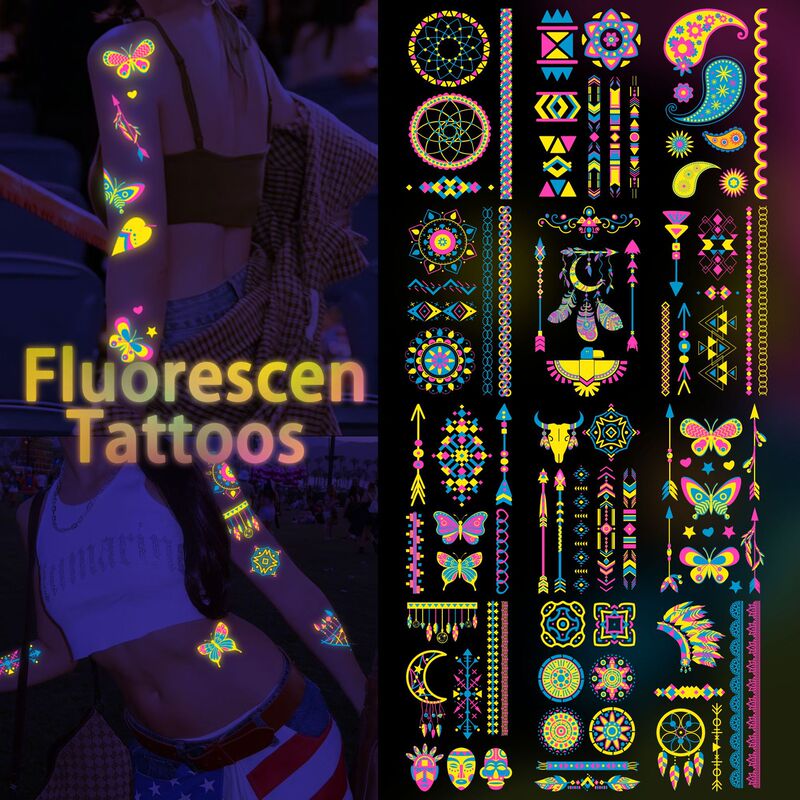 Cross-border New European and American Fluorescent Tattoo Stickers Music Festival Nightclub Masquerade Luminous Neon Face Stickers Tattoo Stickers
