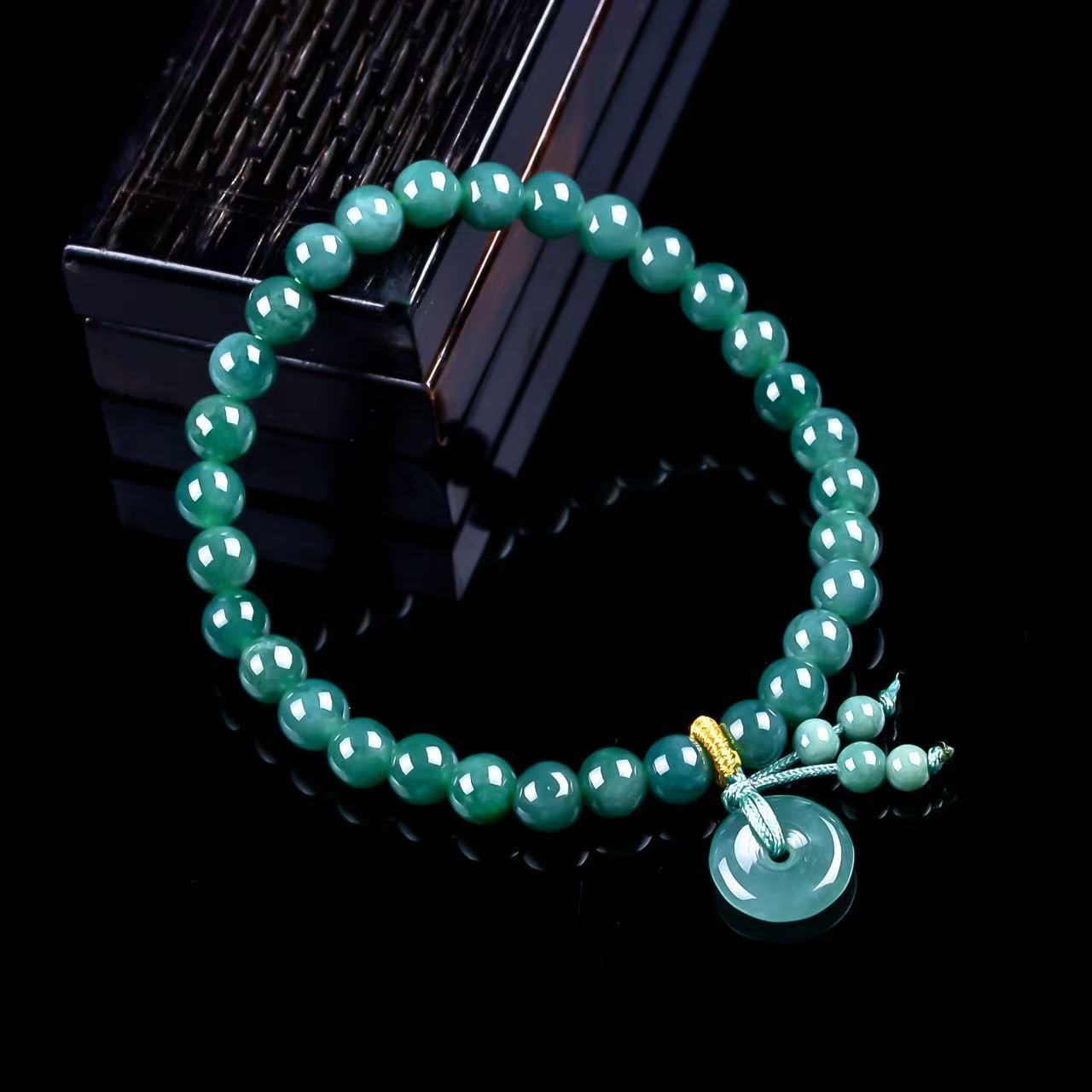 Natural Grade A Emerald Blue Peace Buckle Bracelet, Handmade Woven Rope, Ice Jadeite, Women's Gift