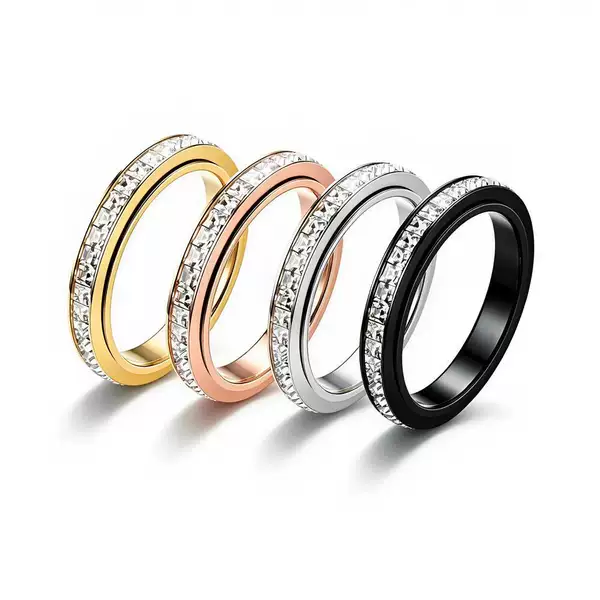 Light Luxury Style, Rotatable Single-Row Full Diamond Titanium Steel Ring for Women, 18K Non-Fading Zircon Starry Sky Couple Ring
