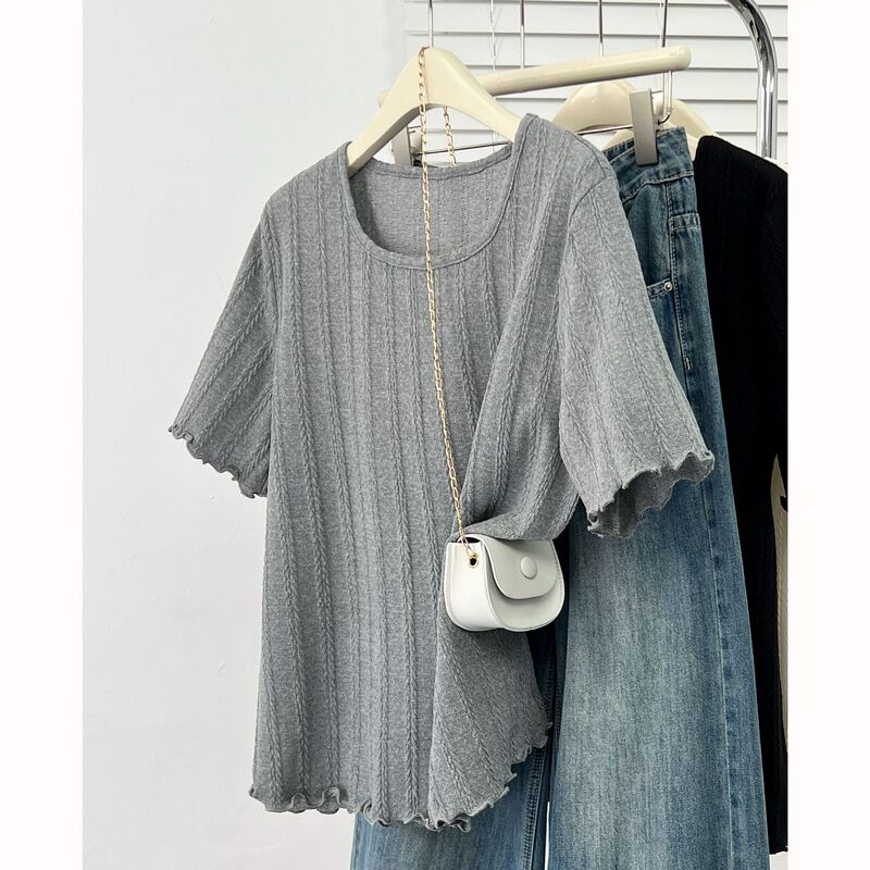 [Special] 2026 Plus-Size Women's Summer New Style Simple Versatile Knitted Jacquard Short-Sleeve T-Shirt 100kg 9606