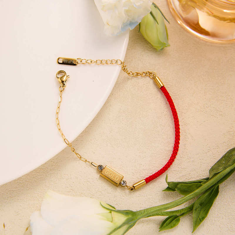 Cross-Border New Style Full of Wealth and Wealth Small Gold Bar Titanium Steel Red Rope Bracelet Women's Asymmetric Design Chinese Style Bracelet