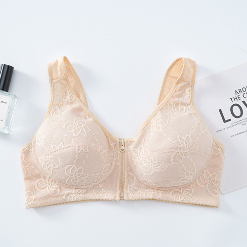 Middle-aged and elderly women's large size front zipper bra thin elderly bra lace cotton vest style