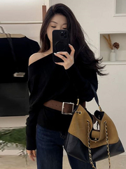 大码女装腰带黑色斜领露肩长袖t恤夏季新款胖mm收腰显瘦漂亮上衣