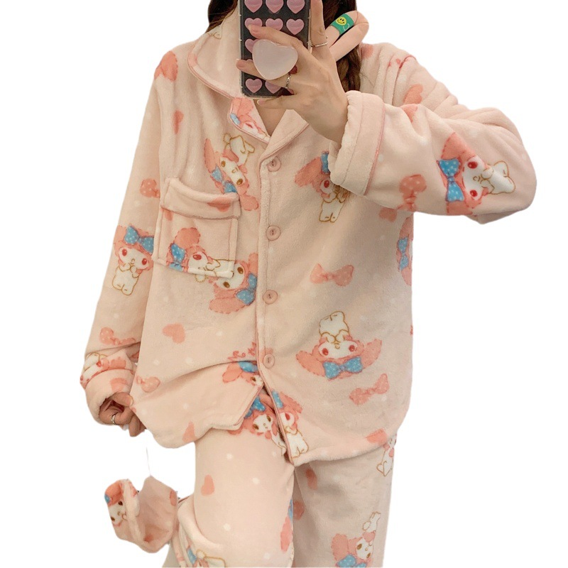 2023 nuevos pijamas de las mujeres la solapa franela otoño y el invierno cardigan manga larga enviar máscara ojo dibujos animados cálido desgaste casero traje