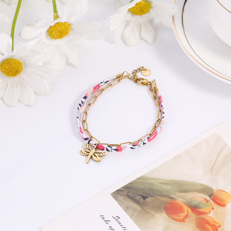 Dragonfly Pattern Ethnic Style Dragonfly 304 Stainless Steel Bandana Cloth Silk Scarf Cord Paperclip Chain Beaded Bracelets Wholesale