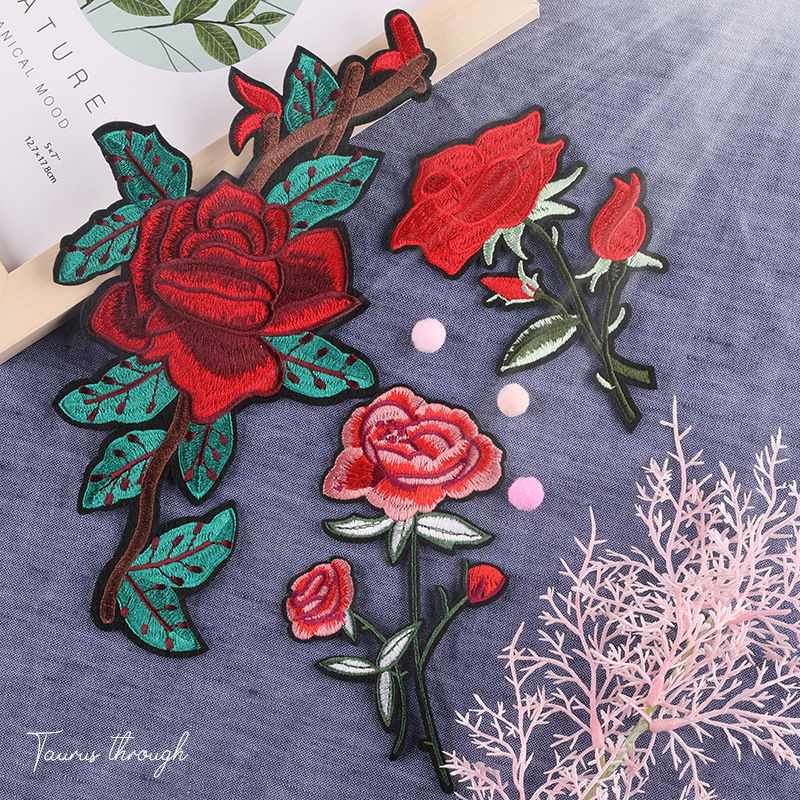 电脑绣花章仔玫瑰花衣帽饰品配件服装辅料胸章补丁贴背胶刺绣布贴