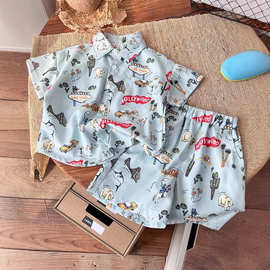 男童套装2025夏季新款小中童女宝洋气恐龙满印短袖美式复古风衬衫