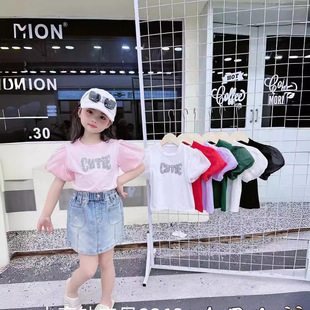 Korean Style New Niche Design Letters Diamond-encrusted Bubble Sleeve Children's Wear Girls' Short Sleeve T-Shirt Solid Color Round Neck Top Trendy