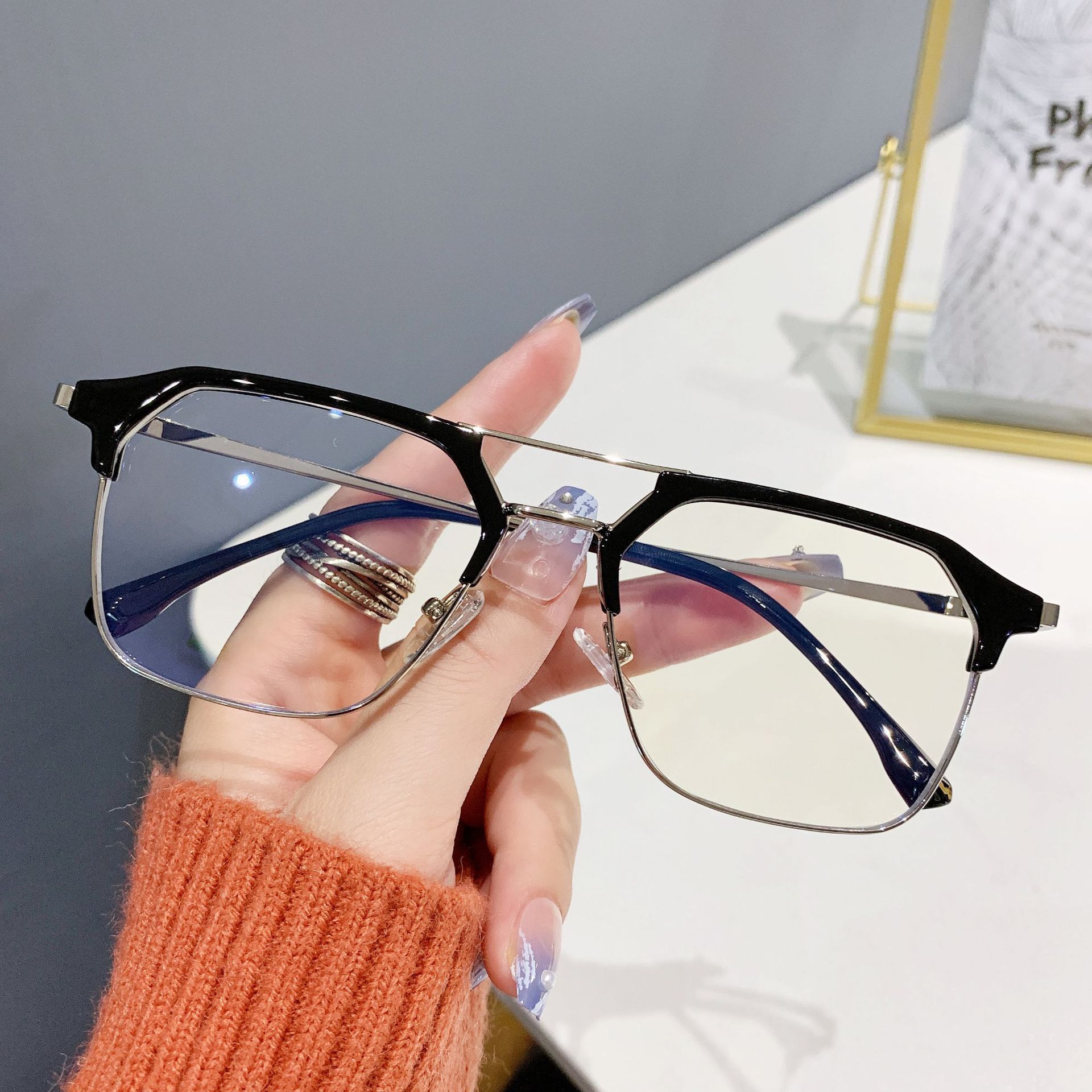 Versatile Minimalist New Metal Double-beam Cold Tea-colored Anti-blue Light Glasses Frame, Trendy Men's Retro Personalized Eyebrow-style_voghion.com