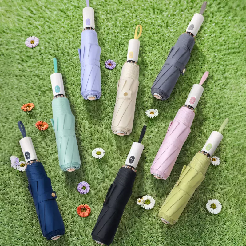 全自动雨伞彩色手柄三折伞黑胶折叠八骨夏季女防紫外线黑胶遮阳伞