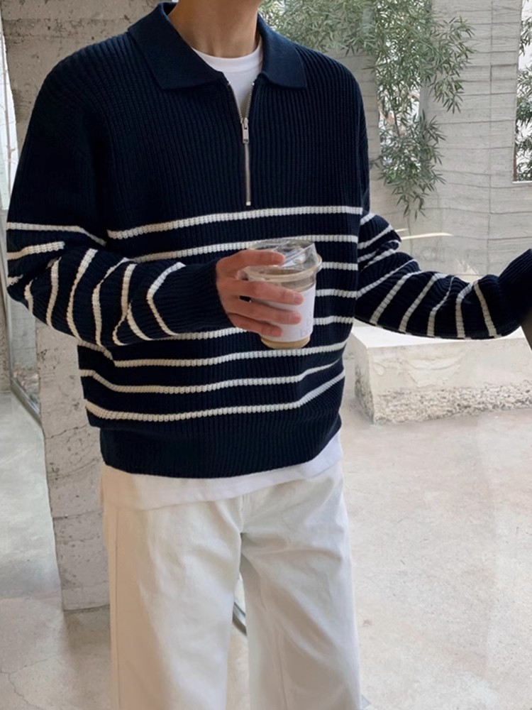 Suéter con cremallera para hombre Suéter de punto a rayas casual de moda suelta Suéter para hombre Otoño e invierno Cuello medio alto para hombre