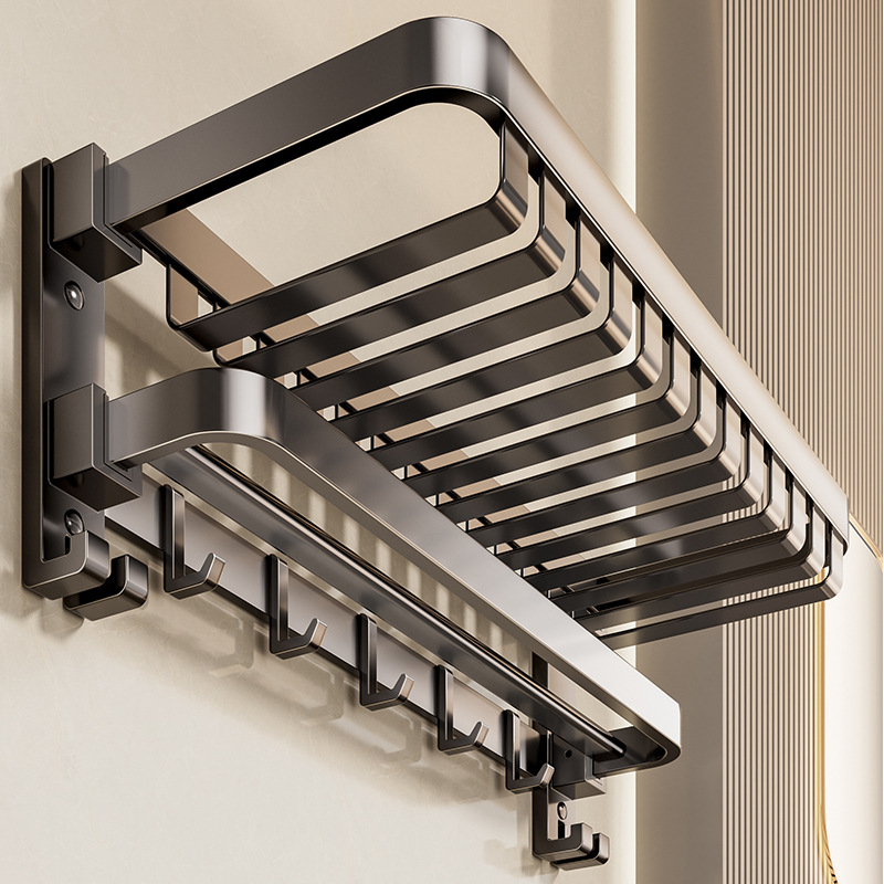 浴室毛巾架免打孔双折叠网篮浴巾架厕所卫浴五金挂件卫生间置物架