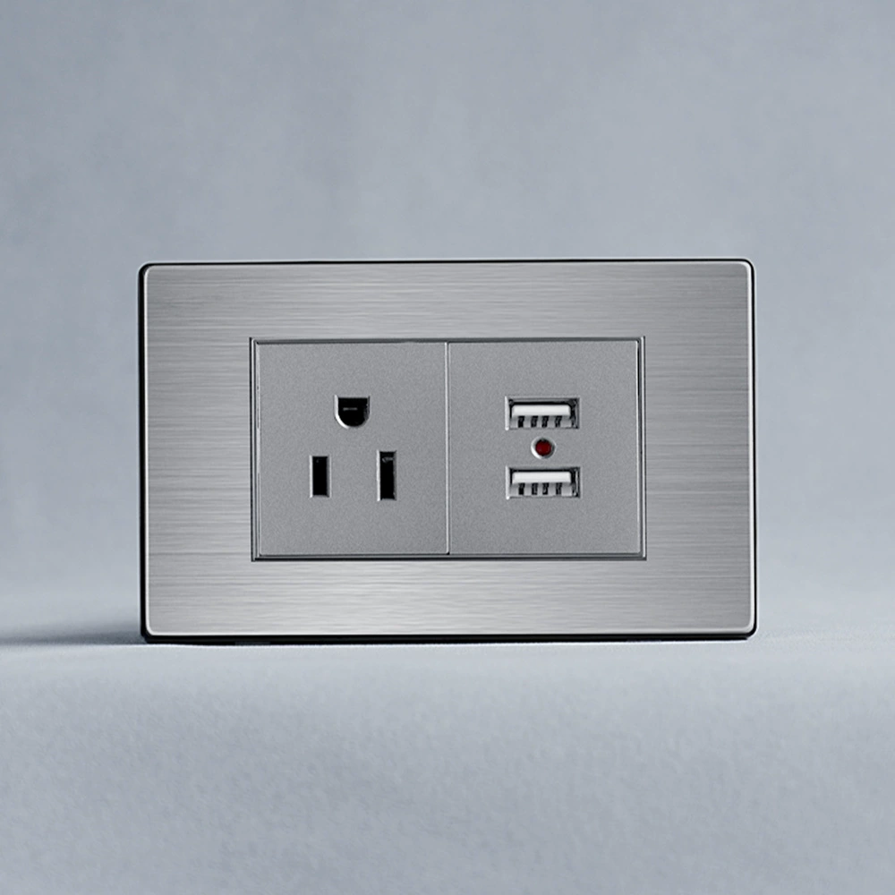Южноамериканский 118K американский трёхгнездовый USB-зарядкой двойной TypeA настенный электровыключатель из нержавеющей панели 250V 16A