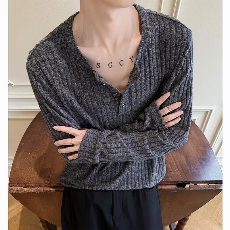 Henry Collar Long-Sleeved T-Shirt for Men, New Spring and Autumn Style, Cleanfit, Lazy and Relaxed Style Sweatshirt, Inner Layering Shirt