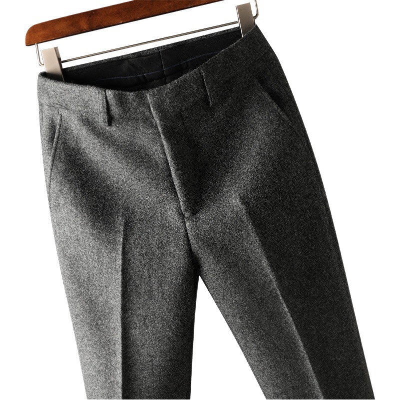 Pantalones de lana gruesos y cálidos de lujo ligero de otoño, pantalones rectos informales ajustados de negocios ligeros de imitación de lana para hombres, pantalones para hombres
