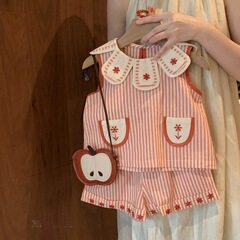 女の子の新しい夏のベストスーツ女の赤ちゃんストライプ花びら襟ノースリーブベビードールシャツ純綿ショーツツーピーストレンディセット