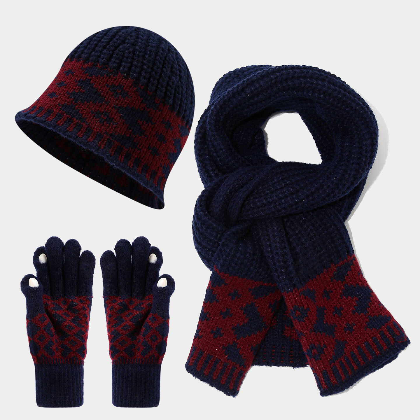 Otoño y invierno de lana caliente sombrero bufandas guantes de tres piezas estilo nacional de moda para mujeres protectoras de oídos frías set de moda