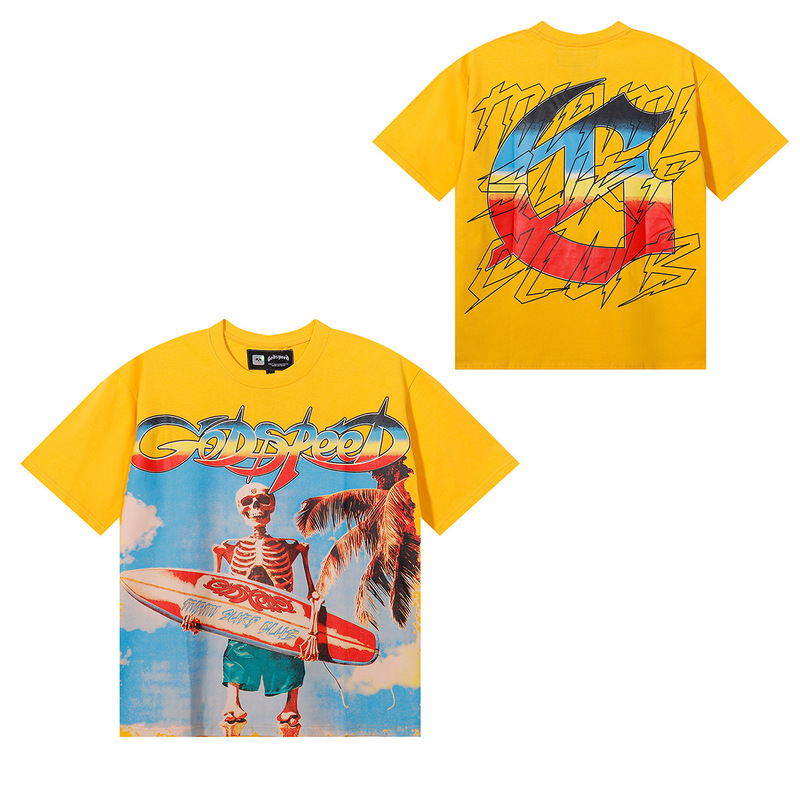 夏新作 Godspeed アメリカのハイストリートファッションブランド スカルロック ペアレタープリント 半袖Tシャツ メンズ|undefined