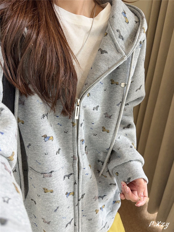 016 慵懒风连帽卫衣女秋季新款卡通小狗印花女士拉链开衫外套休闲|undefined