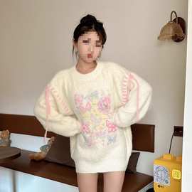 蝴蝶结马海毛小狗猫咪针织衫女秋季甜美水貂绒外穿软糯毛衣上衣