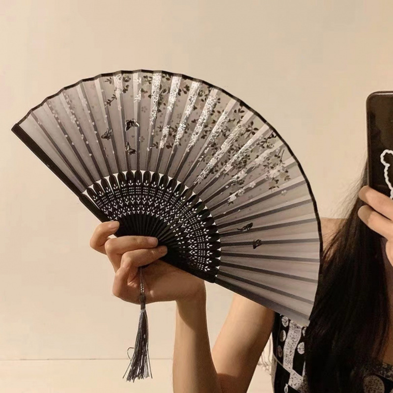 中国风折叠小扇子随身携带古风汉服古装舞蹈新中式夏天黑色竹扇赐|undefined