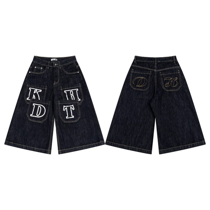 Unisex Vintage American Style Denim Capri Pants With Multi-Pockets, Relaxed Fit Straight Leg Wide Cuff For Summer_mkmklike.com