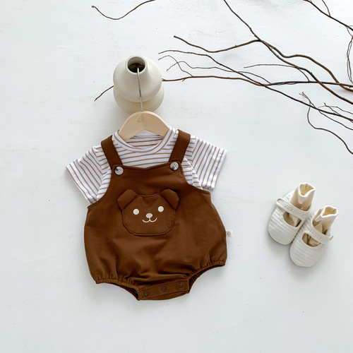 Baby Korean style ins style summer short-sleeved hoodie, newborn male and female baby cartoon sling one-piece crawling suit