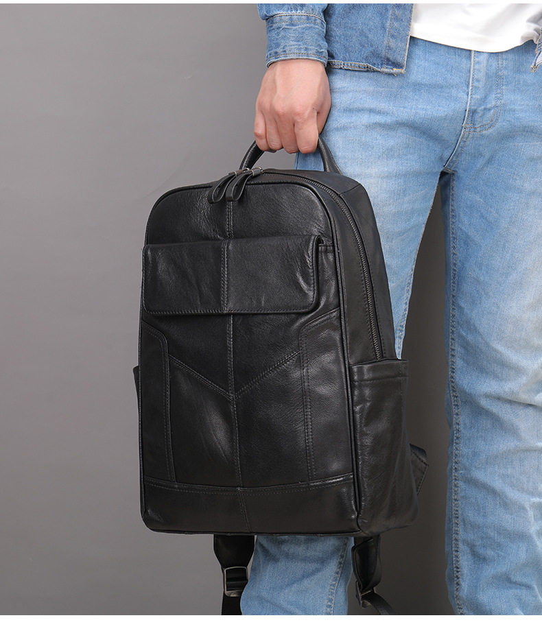 Ba lô nam da bò thật đa năng công sở đựng laptop 14 inch — Cà phê, Vải dệt trơn màu đen, màu đen, Màu nâu cà phê chi tiết 54