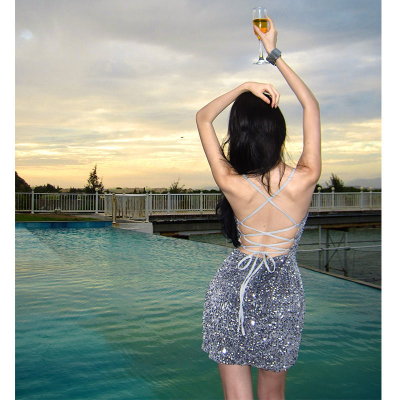 Galaxy Glitter Sequin Skirt Suspender Birthday Skirt Sequin Mini Dress Feminine Backless Skirt Christmas Annual Party Skirt