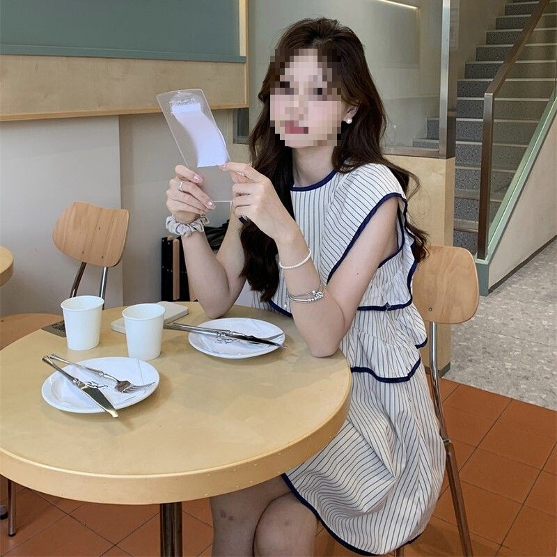 Striped Flutter Sleeve Dress for Women, Summer 2026 New Korean Style Ruffled Irregular Sleeveless Babydoll Dress