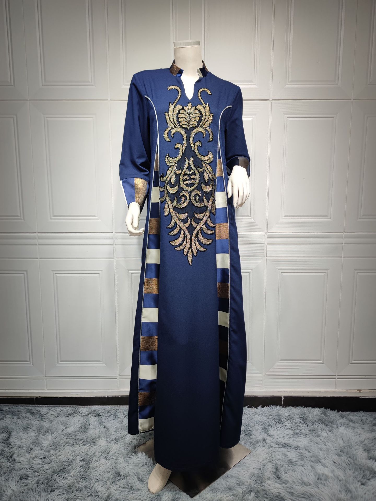 AB052跨境外贸中东女装绣花条纹abaya穆斯林阿拉伯迪拜muslim长袍详情49