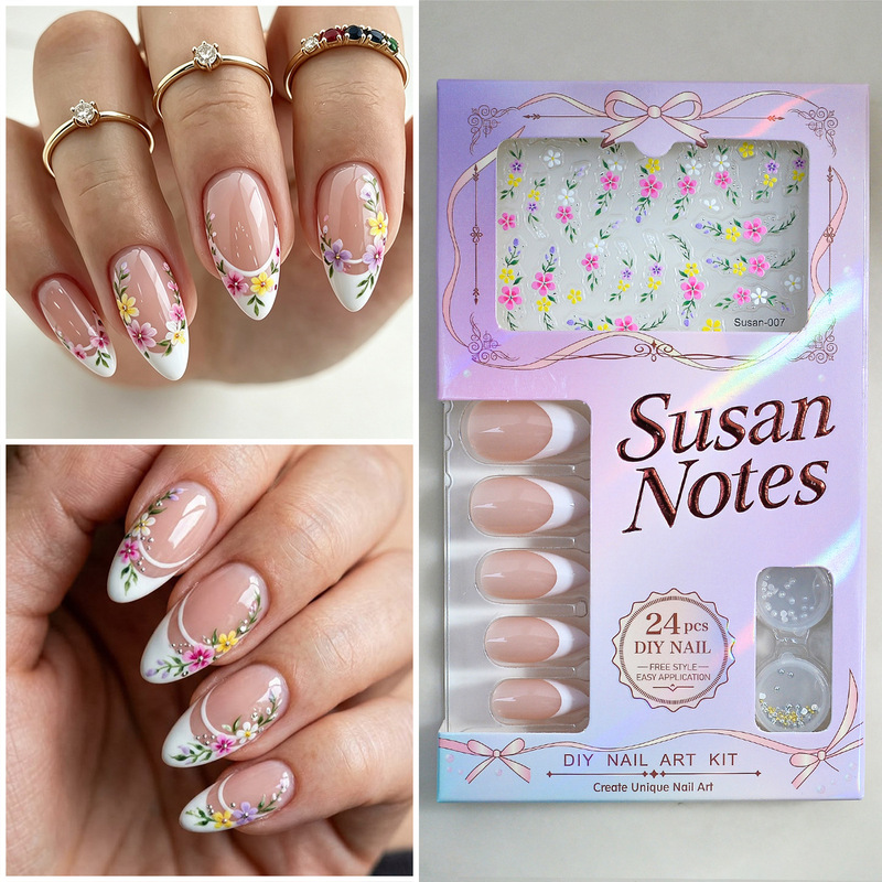 SUSAN Spring Oil Painting Style French Floral Nail Art Sticker Set, 24 pieces, DIY Pearl Almond Nail Tips SUSAN Spring Oil Painting Style French Floral Nail Art Sticker Set, 24 pieces, DIY Pearl Almond Nail Tips