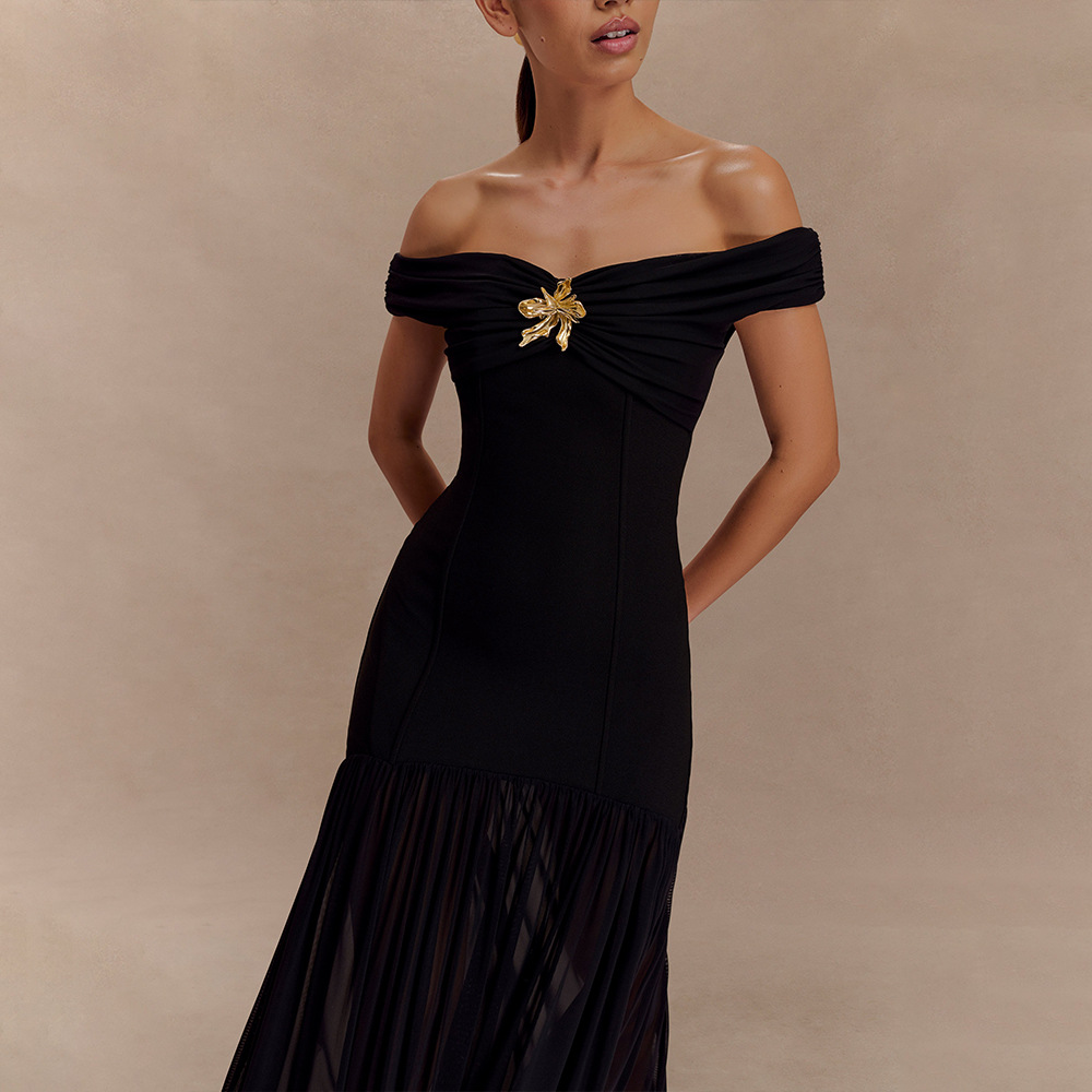 Backless Mesh Detail Long Dress, Slim Fit Pleated Backless Mesh Detail Long Dress, Slim Fit Pleated